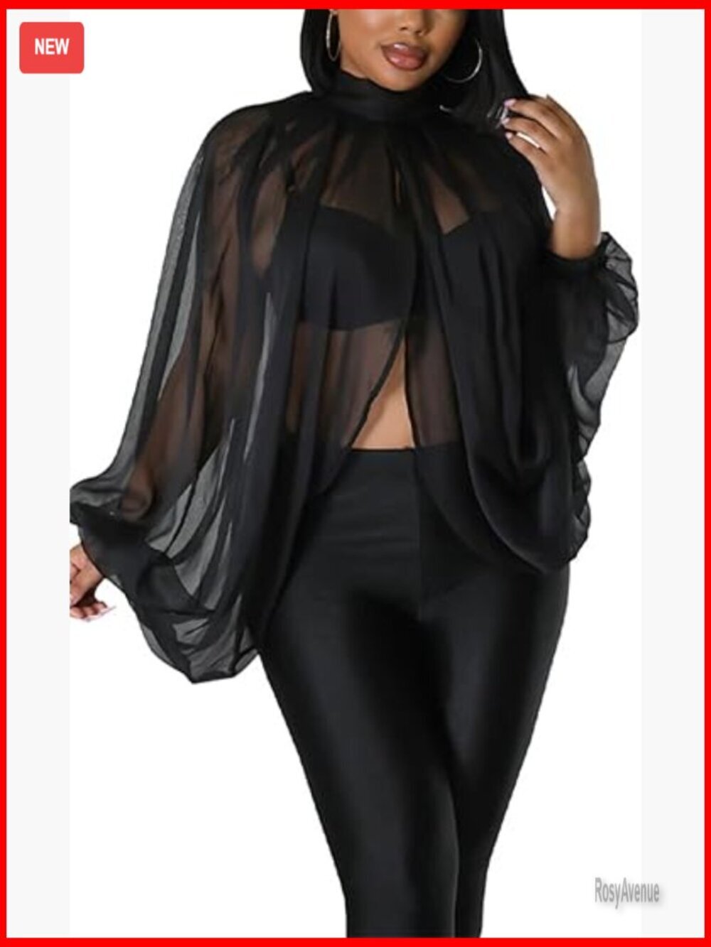 Sexy Batwing Sleeve Chiffon Sheer Tie Back Front Open Blouse
